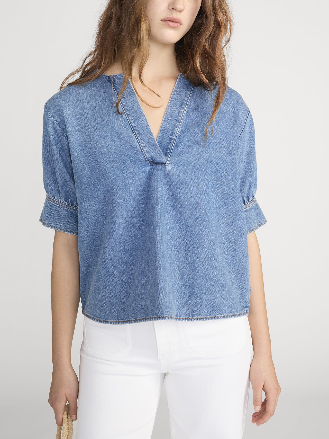 The Denim V-neck Popover Top -- Sora