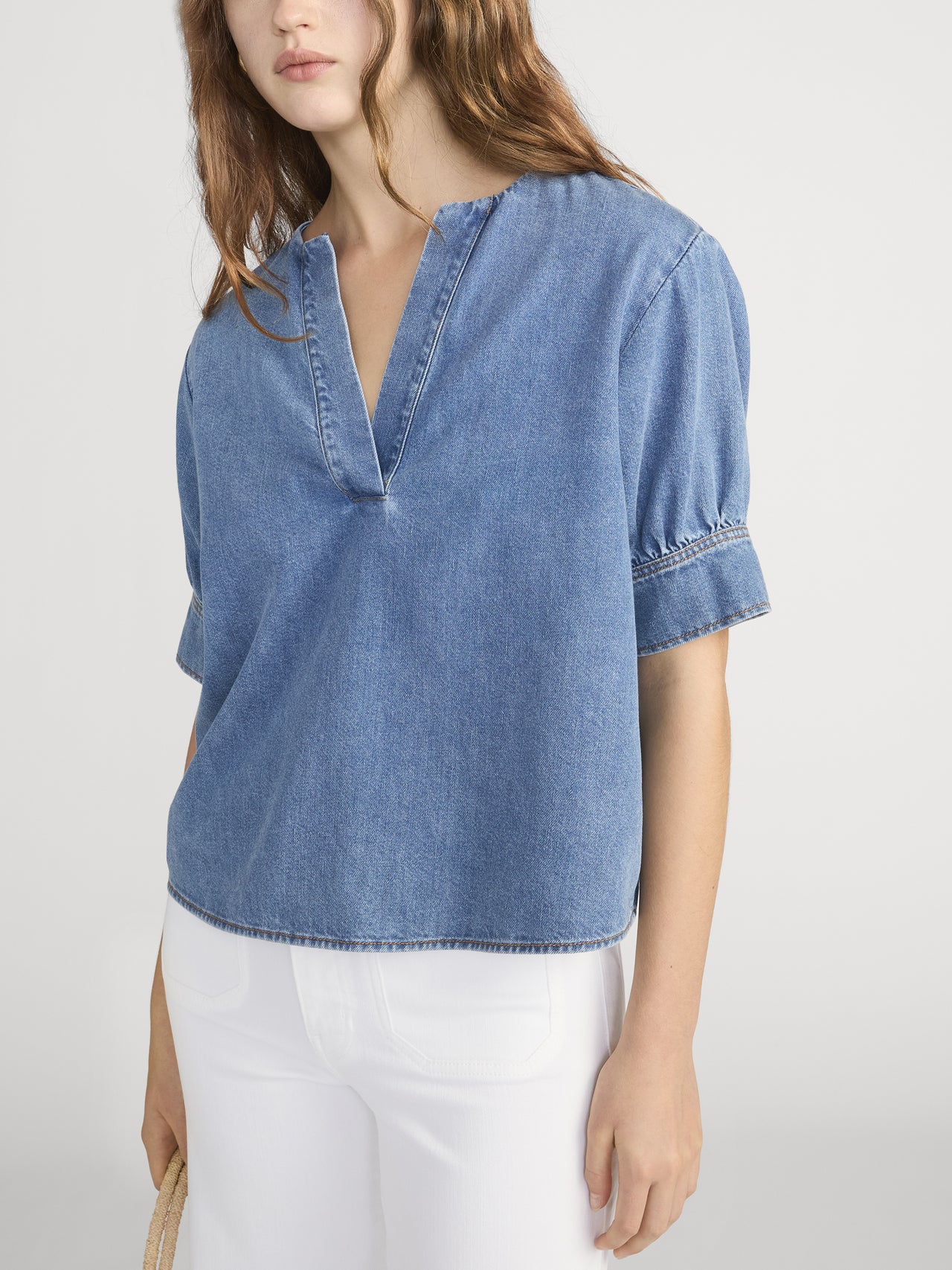 The Denim V-neck Popover Top -- Sora