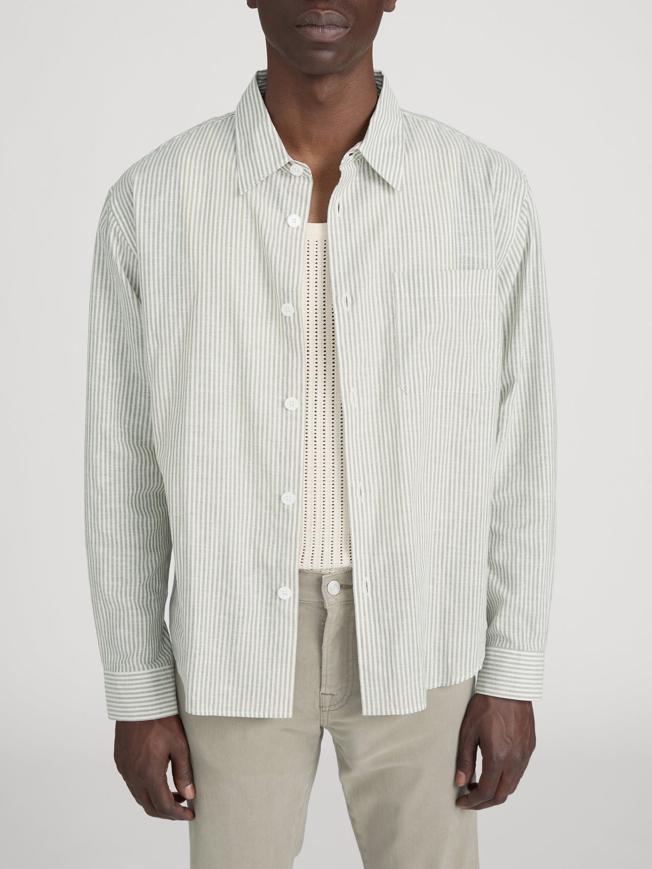 Linen Blend Stripe Shirt -- Khaki Ecru Stripe