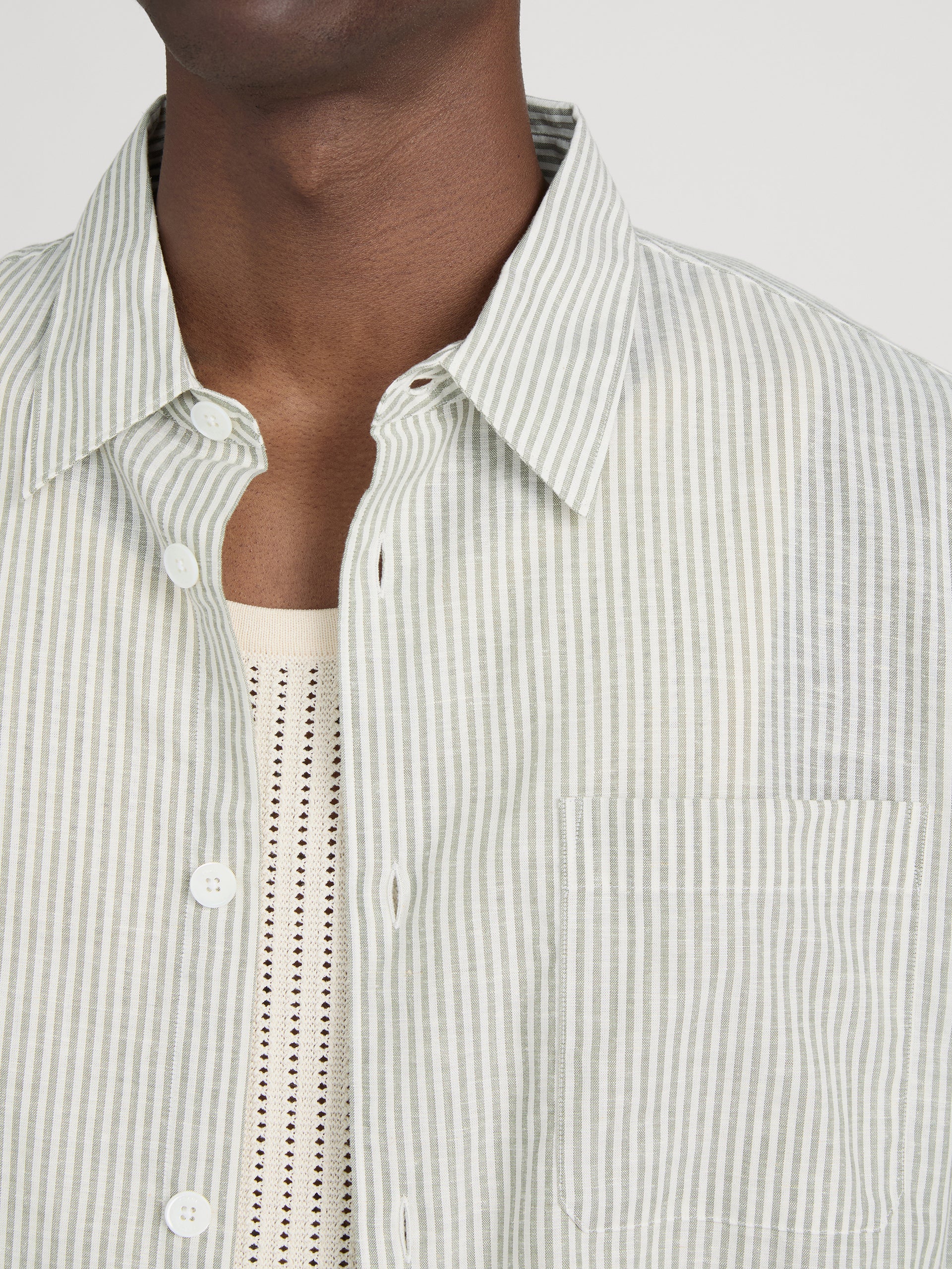 Linen Blend Stripe Shirt -- Khaki Ecru Stripe