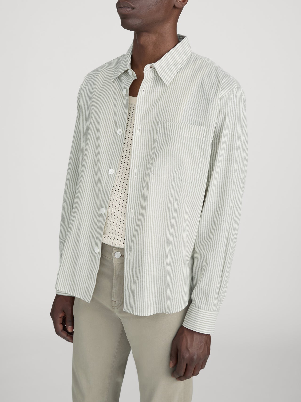 Linen Blend Stripe Shirt -- Khaki Ecru Stripe