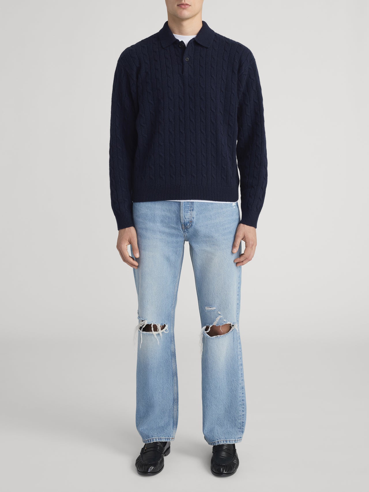 Cable Polo Sweater -- Dark Navy