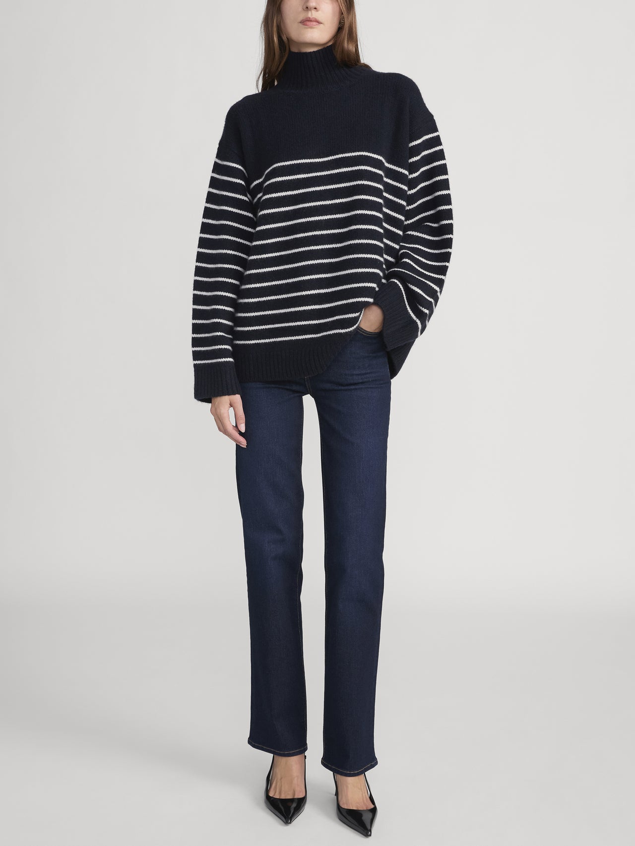 The Striped Cashmere Turtleneck -- Navy Multi