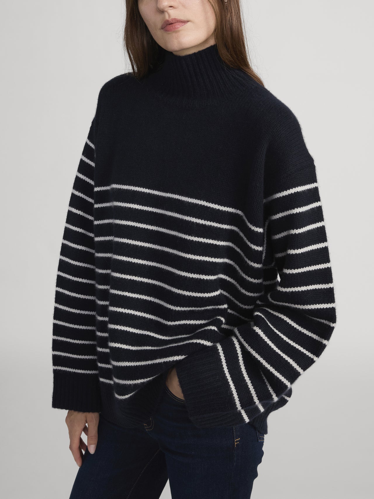 The Striped Cashmere Turtleneck -- Navy Multi