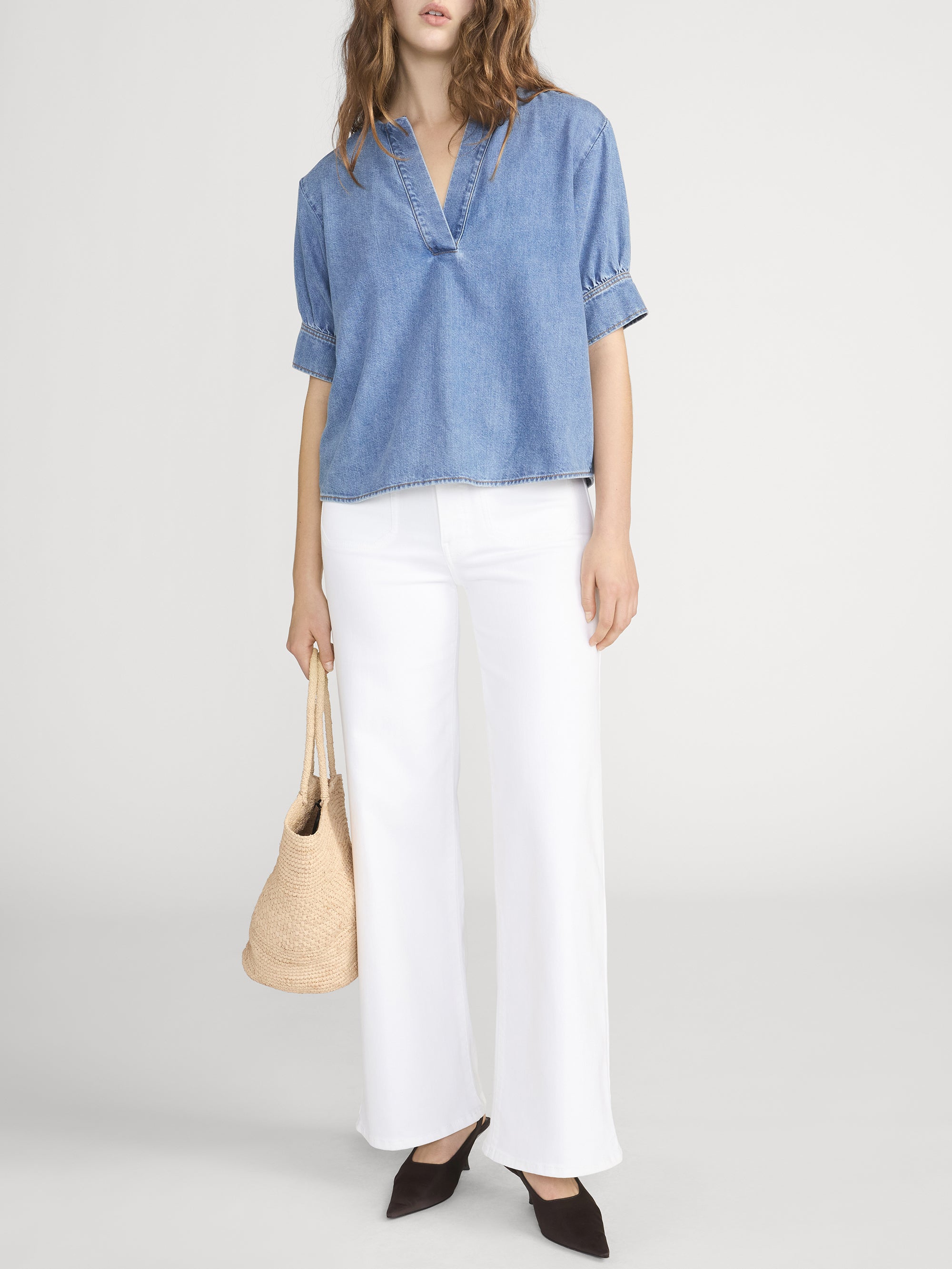 THE DENIM VNECK POPOVER TOP SORA
