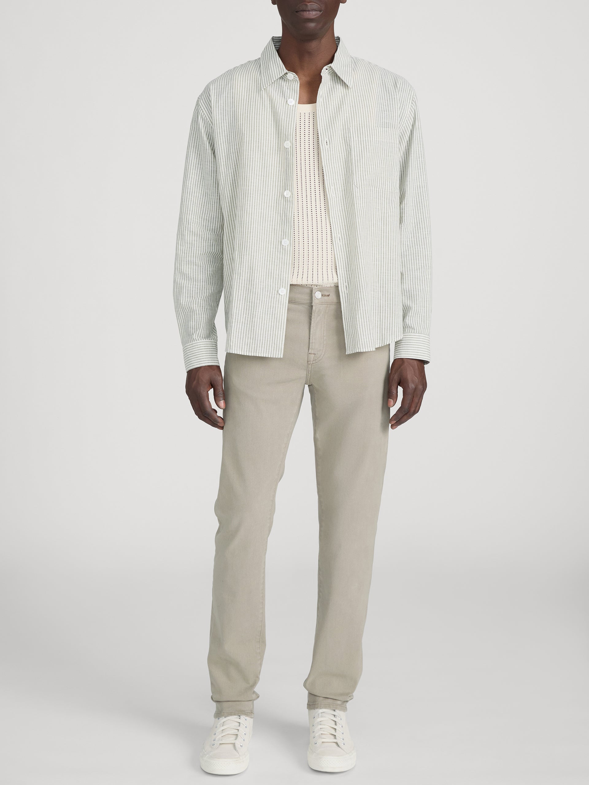 Linen Blend Stripe Shirt -- Khaki Ecru Stripe