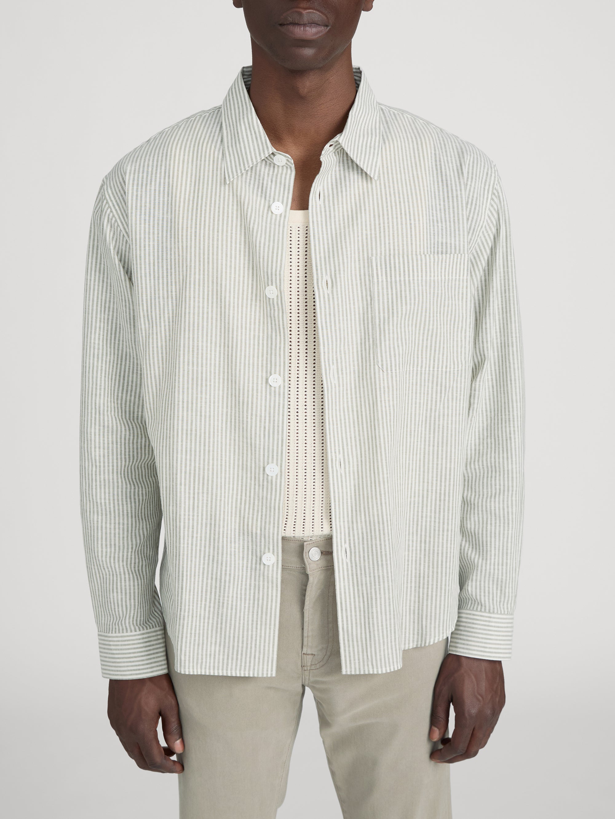 Linen Blend Stripe Shirt -- Khaki Ecru Stripe