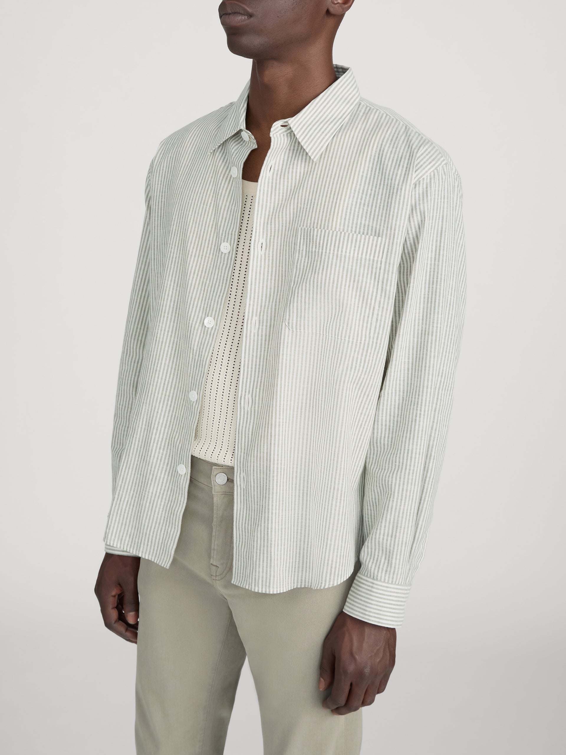 Linen Blend Stripe Shirt -- Khaki Ecru Stripe