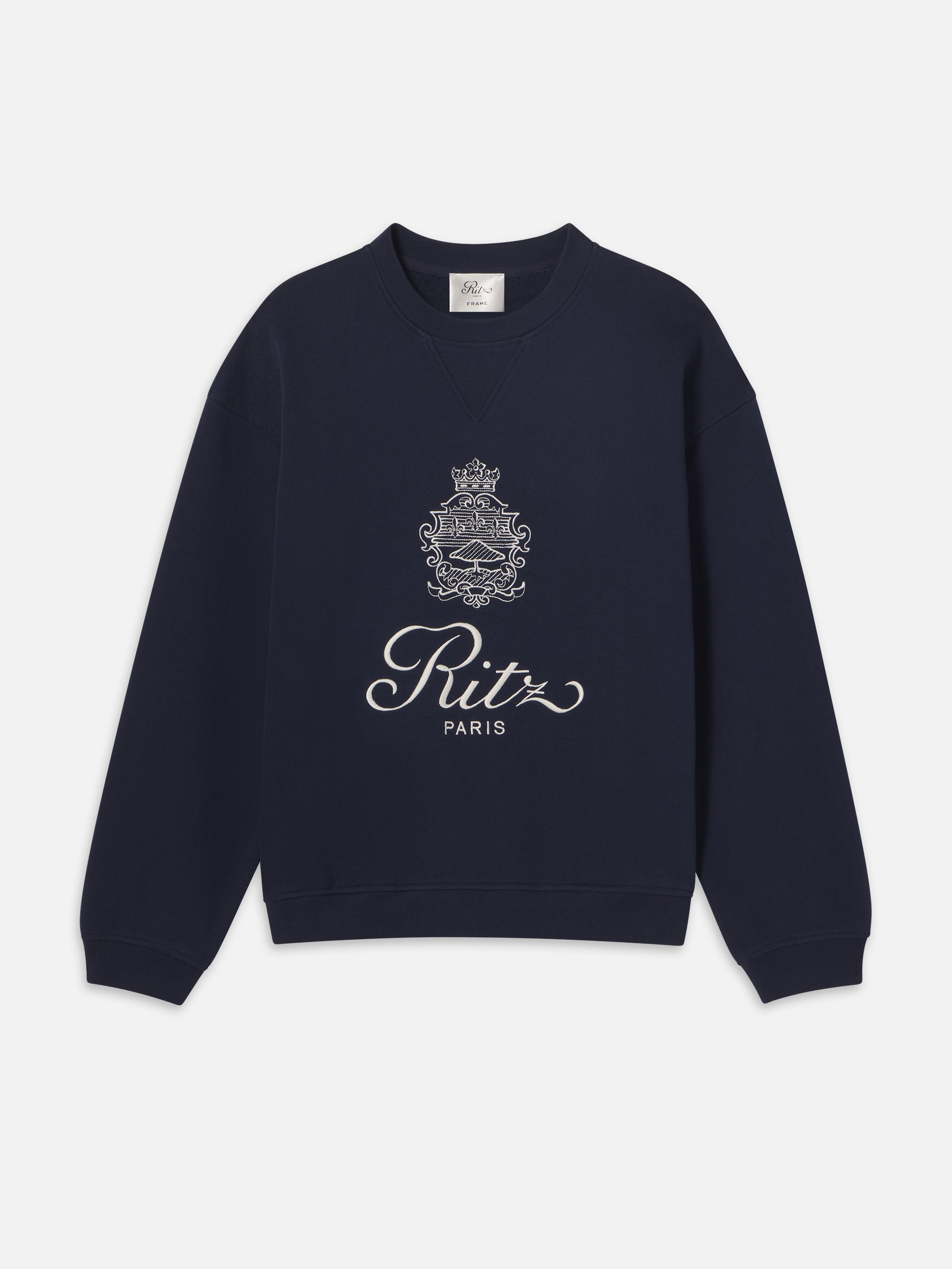 FRAME x Ritz Paris dark-navy sweatshirt with cream crest and script