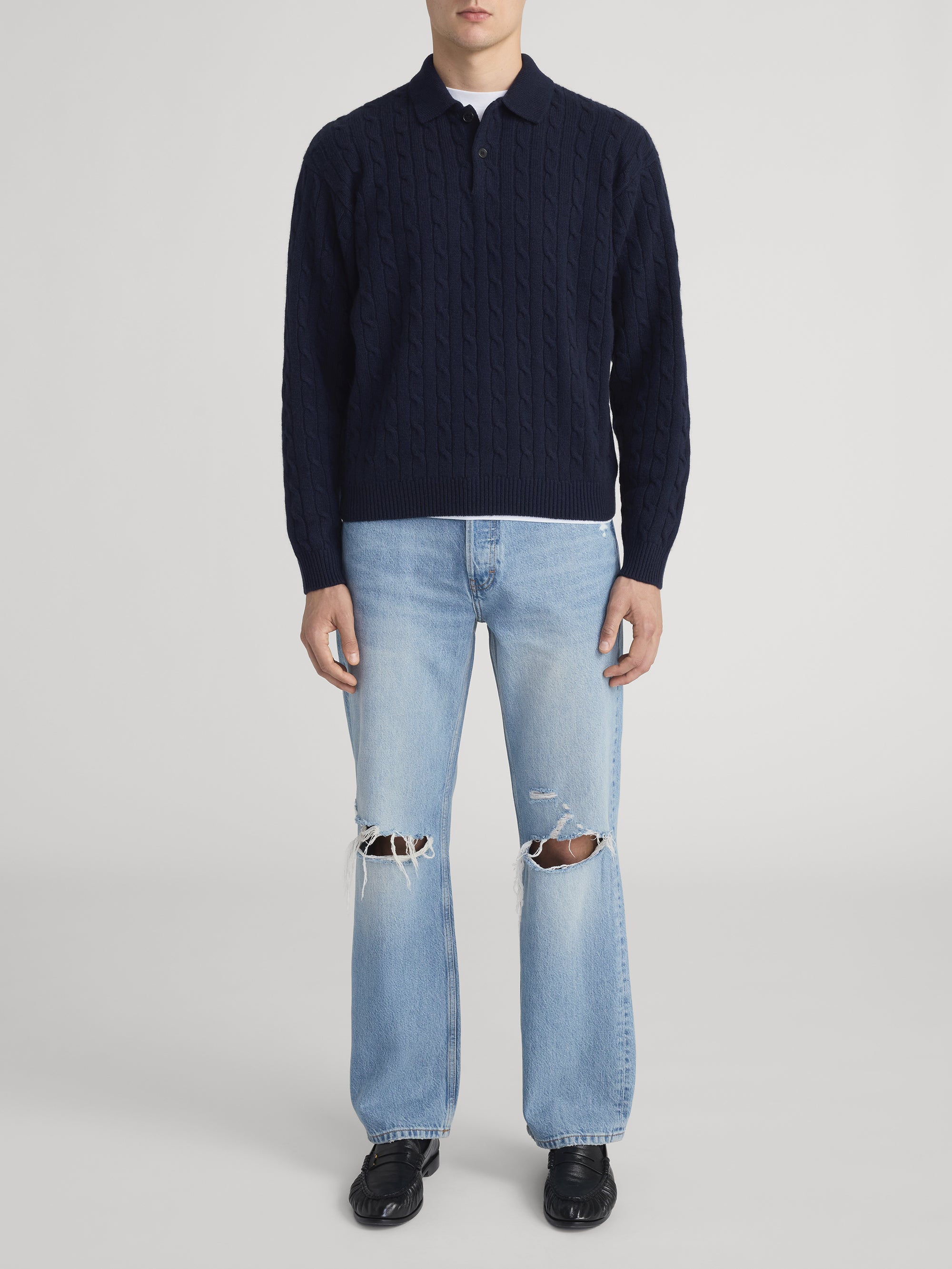 Cable Polo Sweater -- Dark Navy