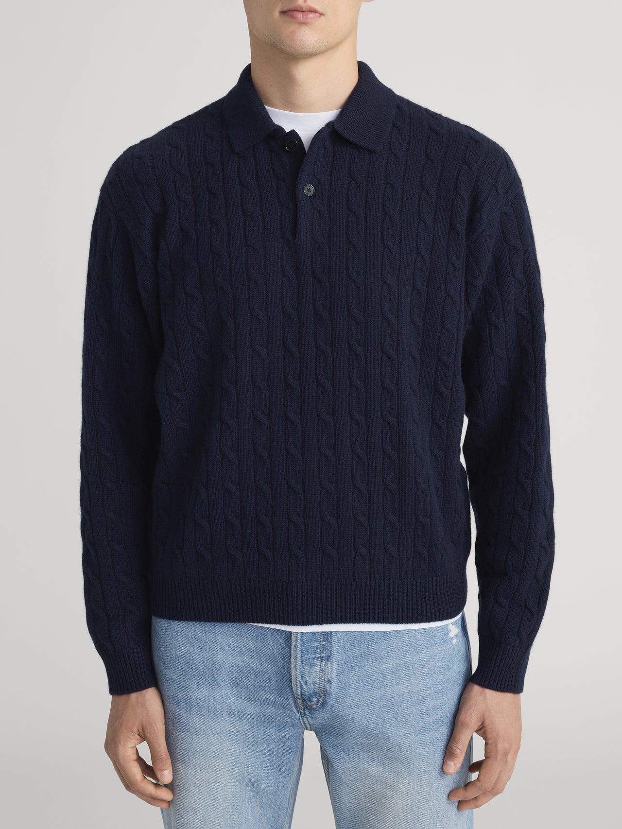 Cable Polo Sweater -- Dark Navy