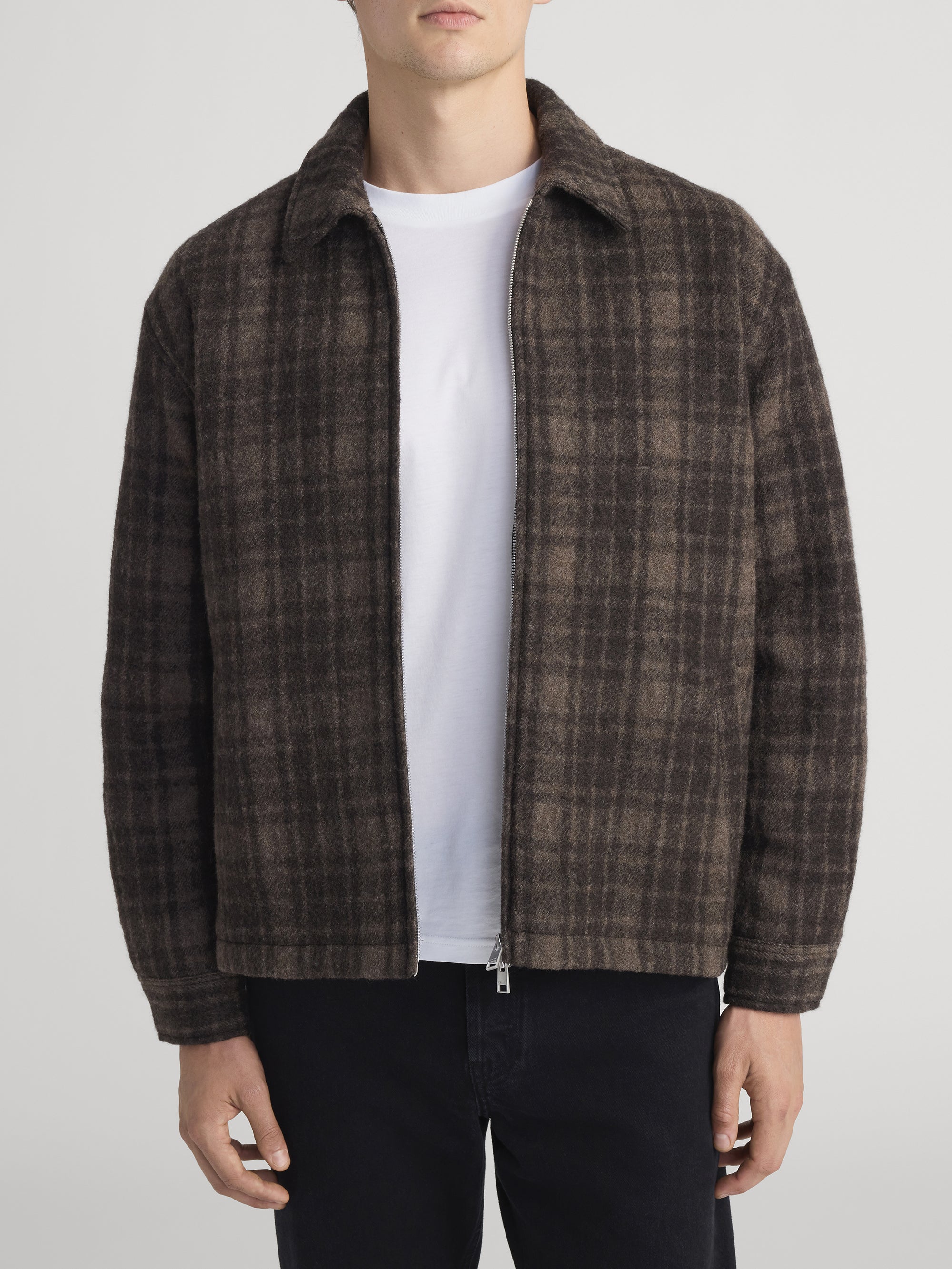 PADDED TWEED ZIP JACKET BROWN PLAID