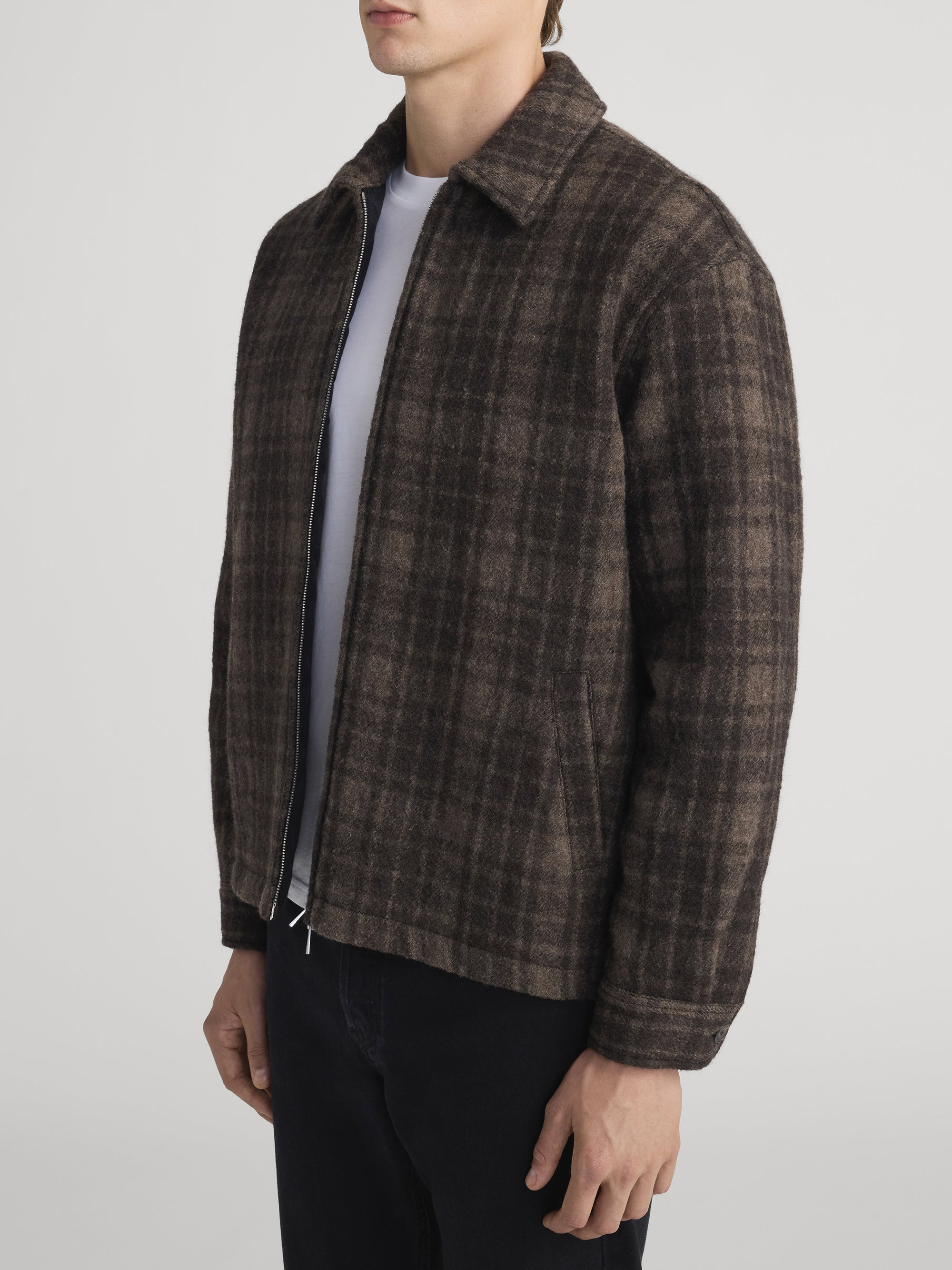 PADDED TWEED ZIP JACKET BROWN PLAID
