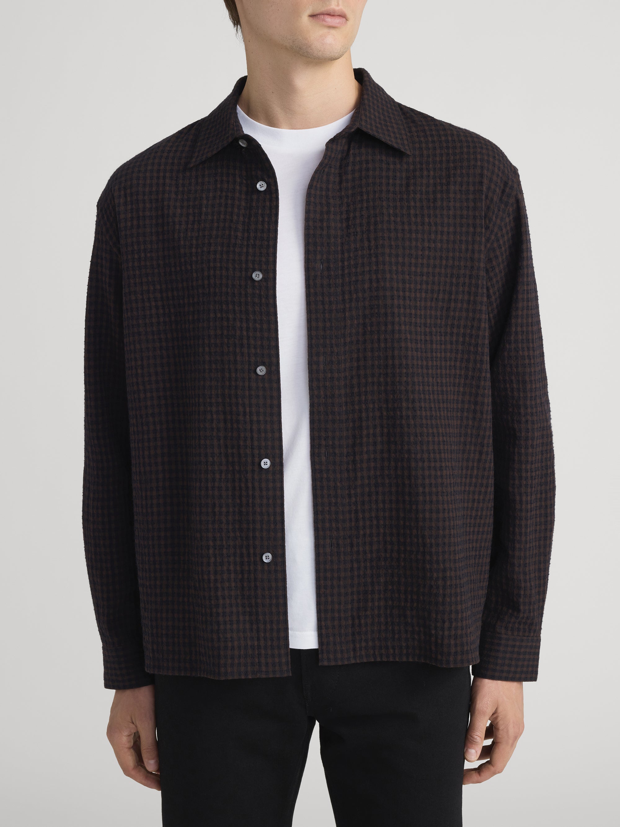 シャツ SHAREEF FRAME CHECK SHIRTS CHECKERED COTTON/WOOL SHIRT NAVY CHECK