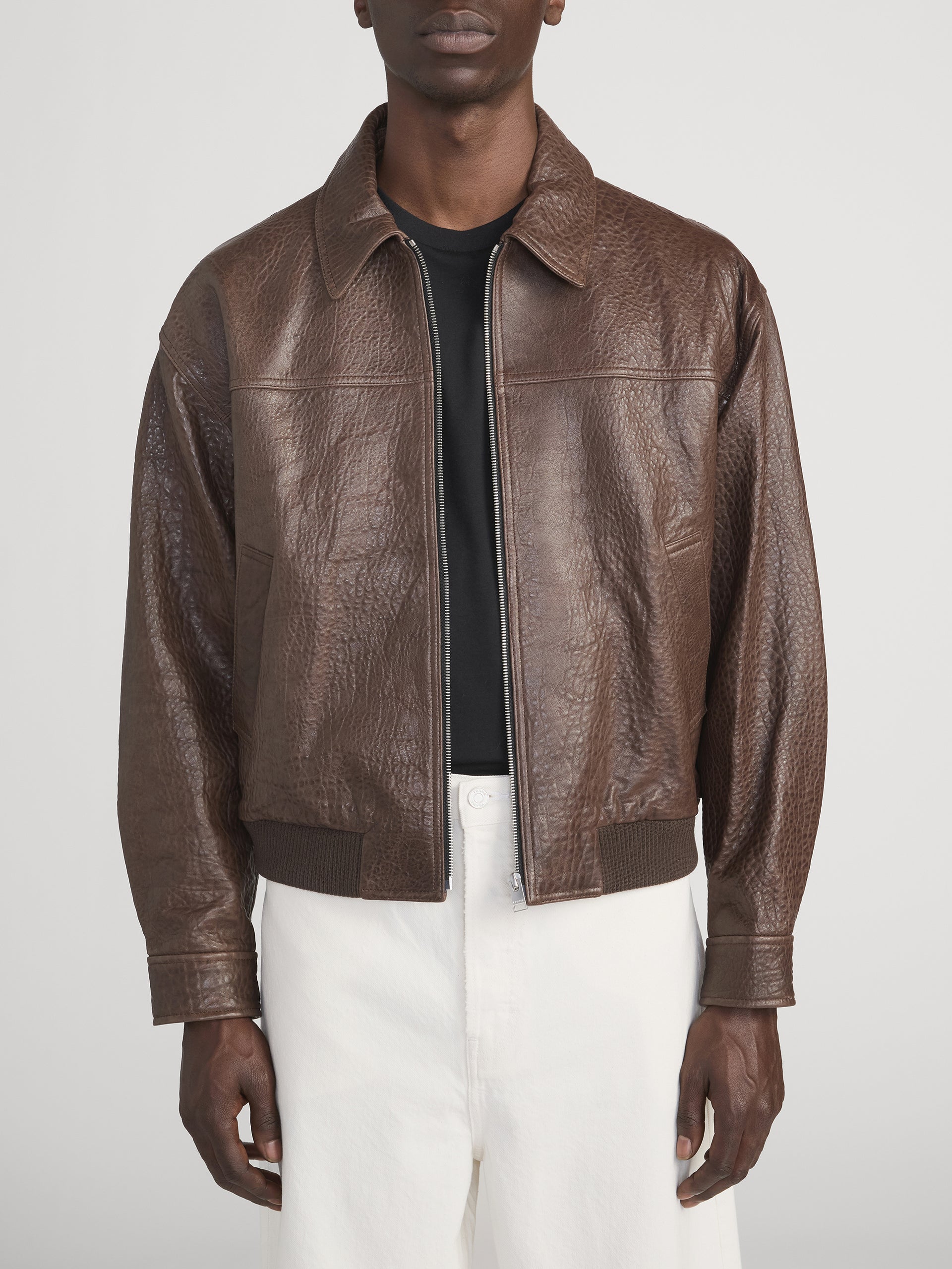 Textured Leather Bomber -- Cafe
