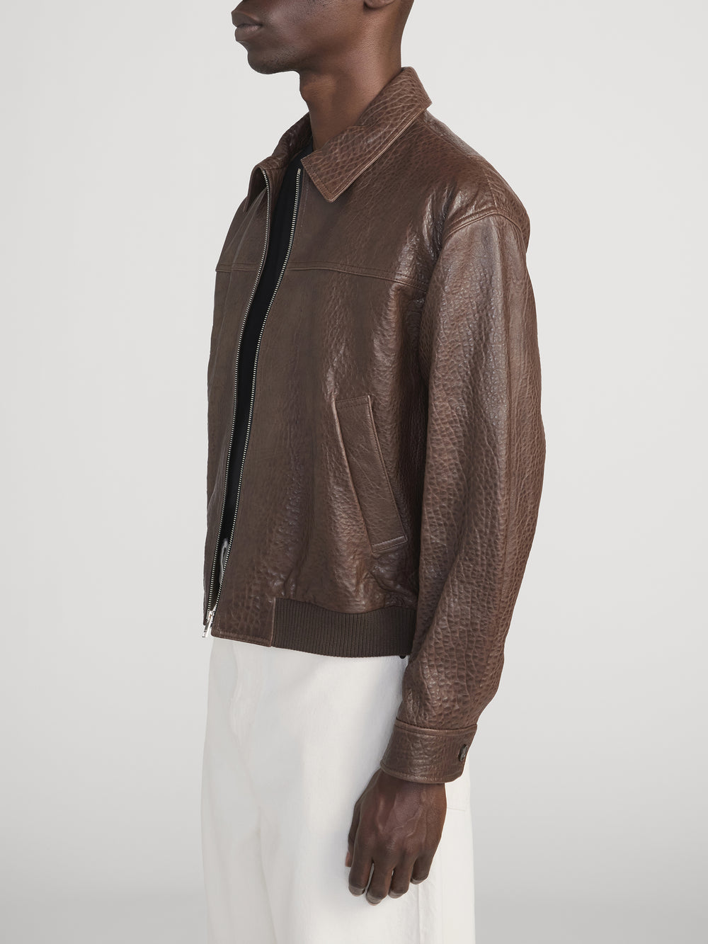Textured Leather Bomber -- Cafe