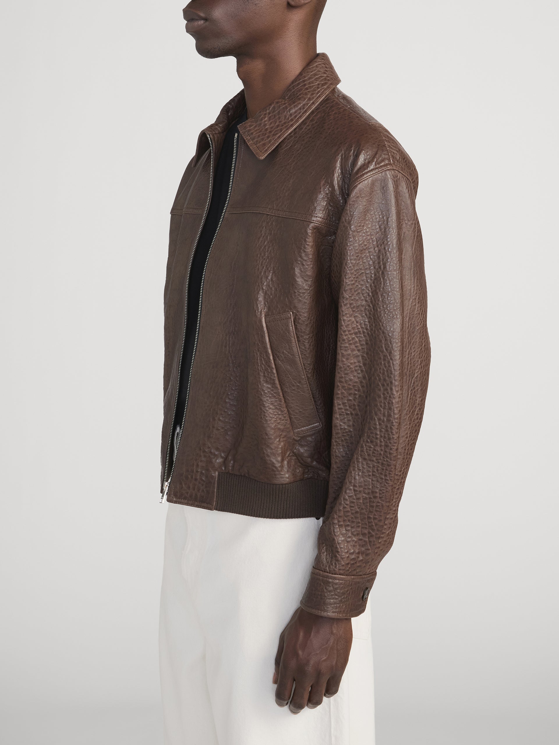 Textured Leather Bomber -- Cafe