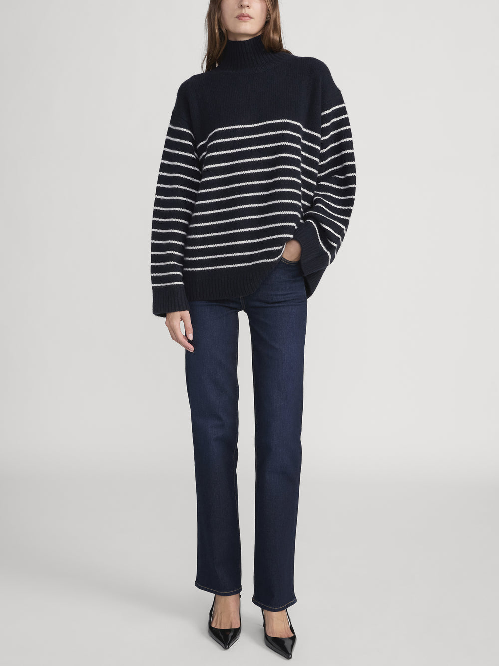 The Striped Cashmere Turtleneck -- Navy Multi