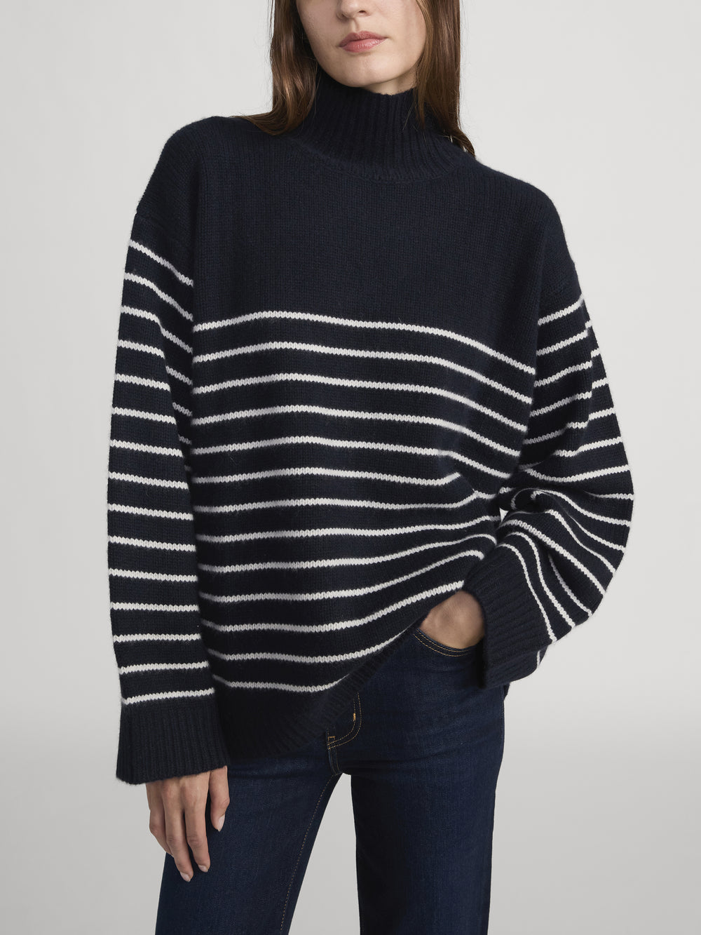 The Striped Cashmere Turtleneck -- Navy Multi
