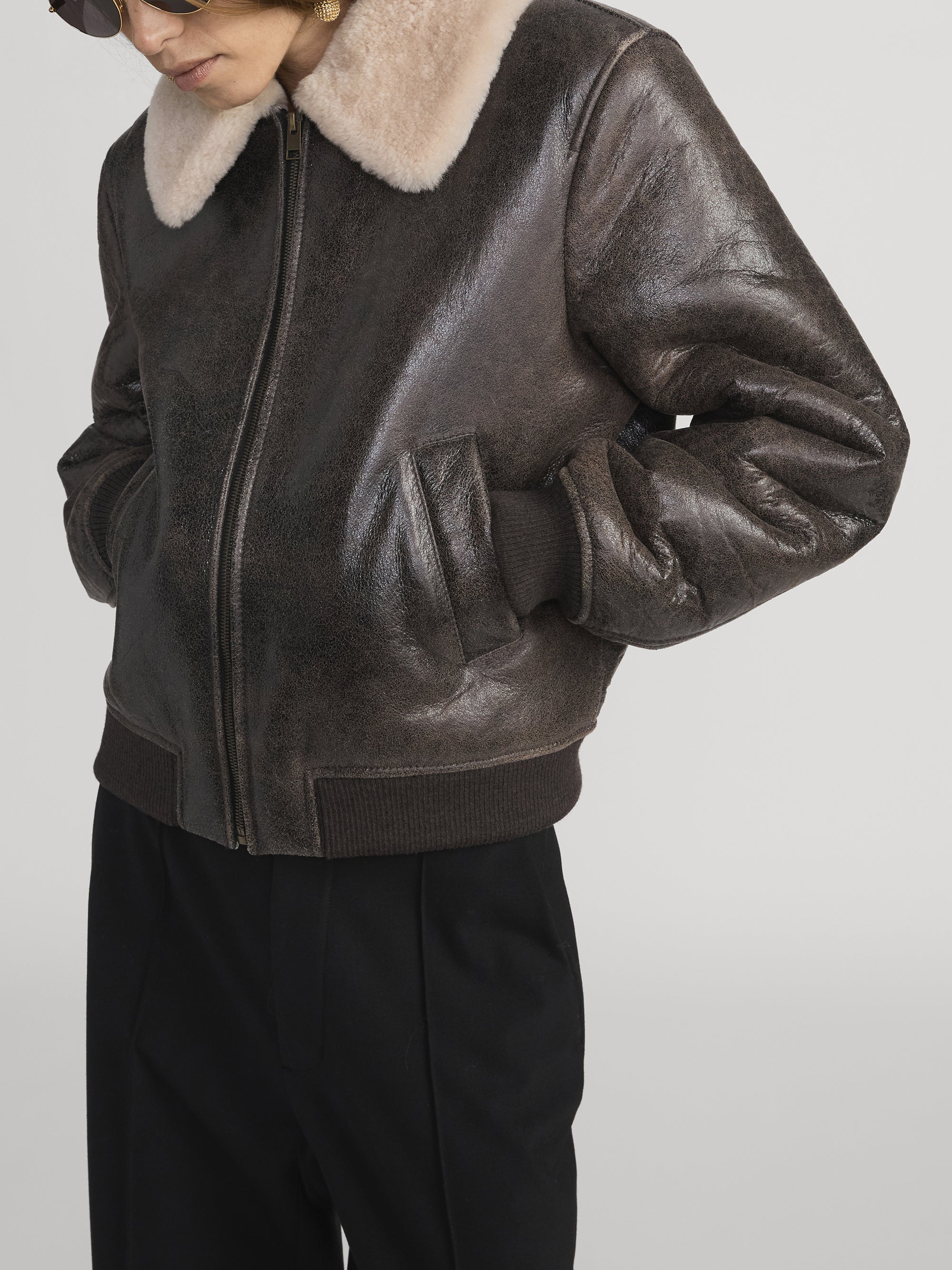 THE SHURNKEN SHEARLING BOMBER CARDAMOM