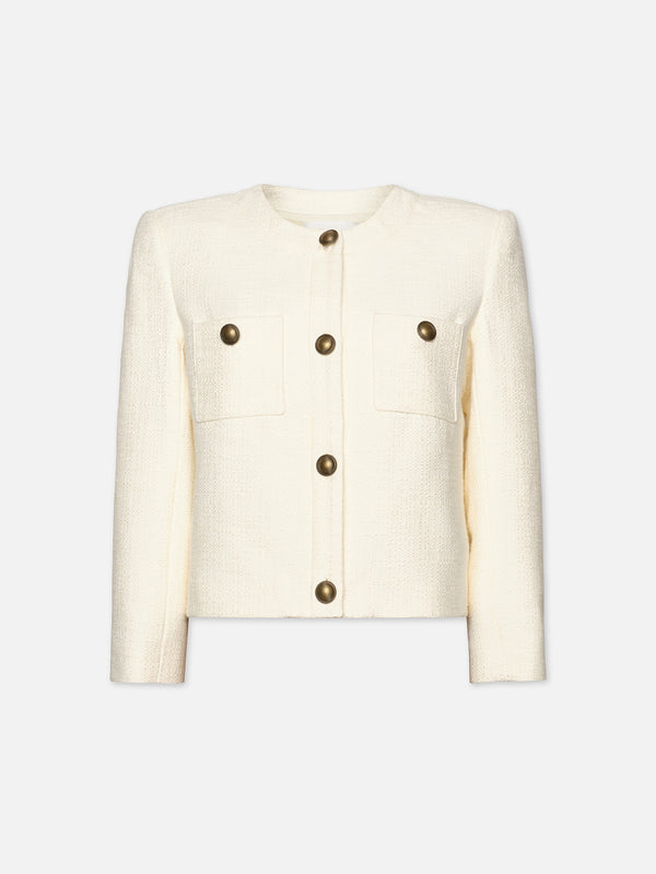 COLLARLESS BUTTON FRONT JACKET CREAM – FRAME