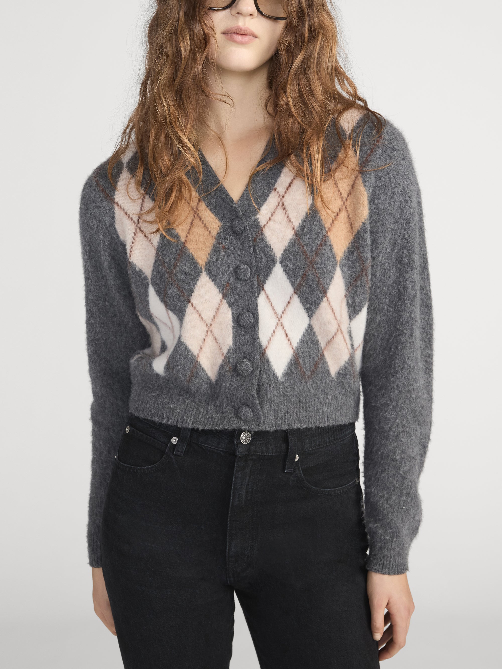THE BRUSHED ARGYLE CARDI GREY MULTI