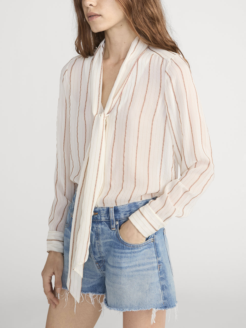 The Striped Silk Tie Blouse -- Cream Multi